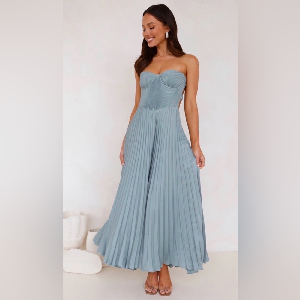 Hello Molly Strapless Pleated Maxi Dress in Soft Blue